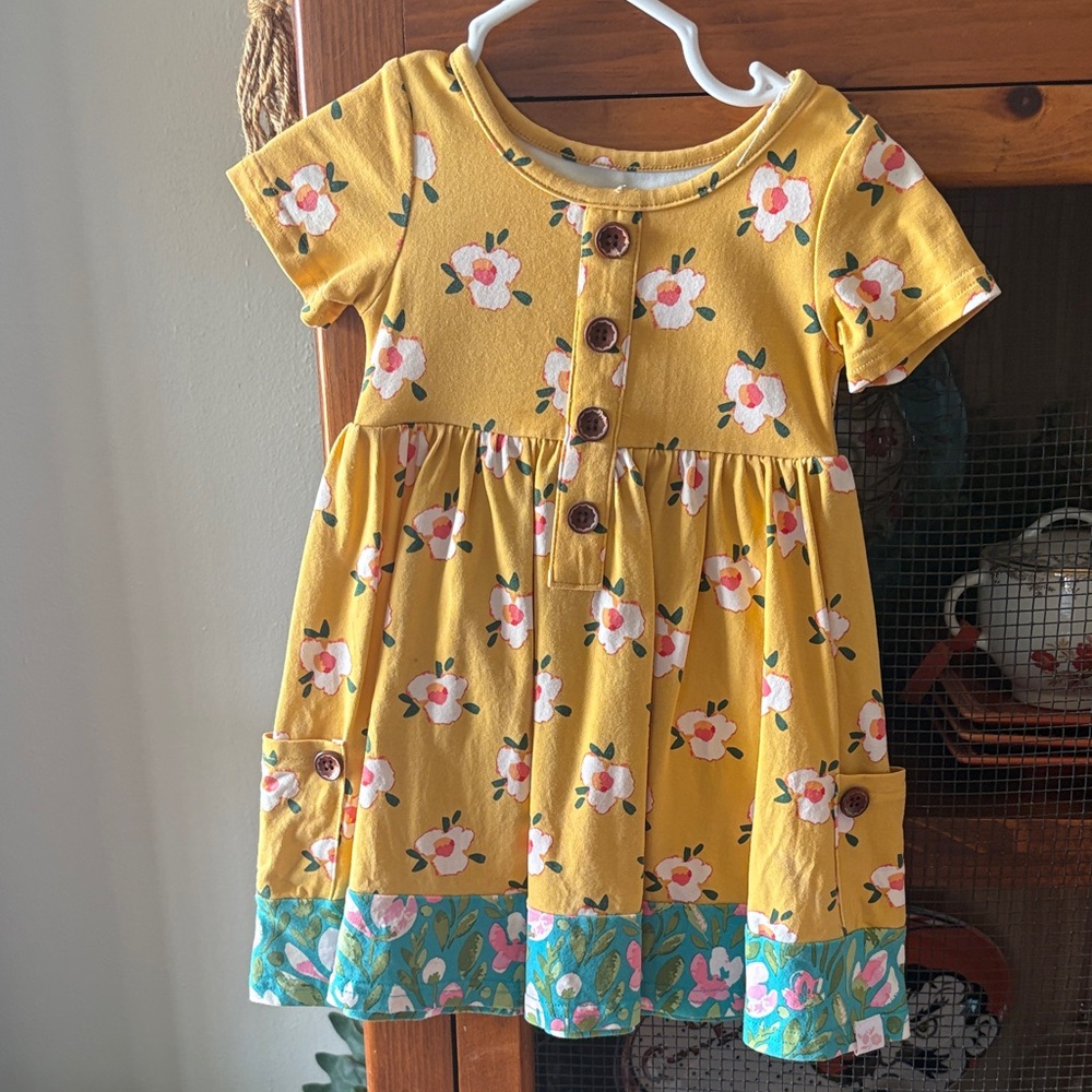 SweetHoney Yellow Floral Button-Front Dress with Turquoise Hem